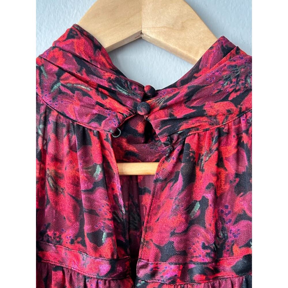 Cinq à Sept Drew High Neck Tiered Floral Mini Dress Red Black Size 12 - Picture 5 of 9